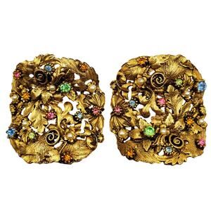Musi Ornate Gold Leaf Rhinestone Shoe Clips Pastel Floral Designer Baroque Pair